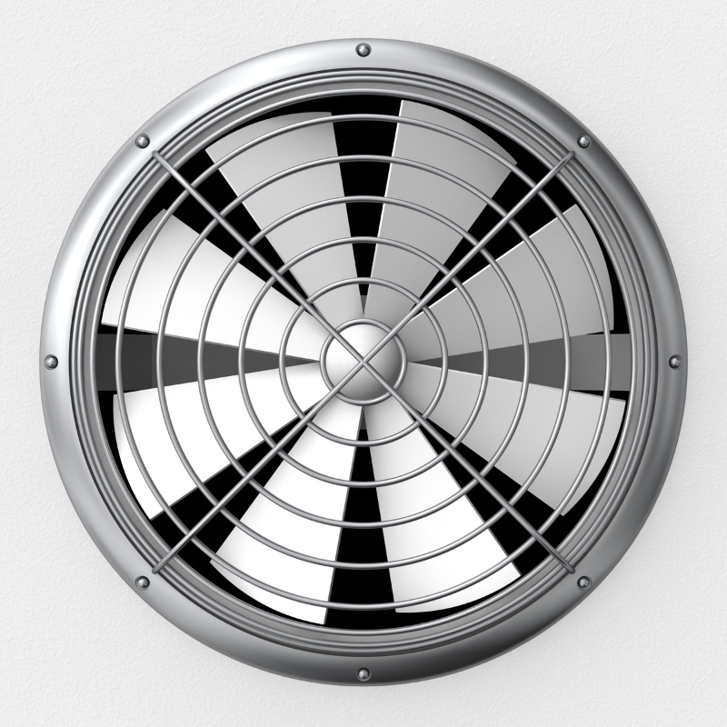 Mounted attic fan installed near the roof peak to ventilate hot air and improve airflow.