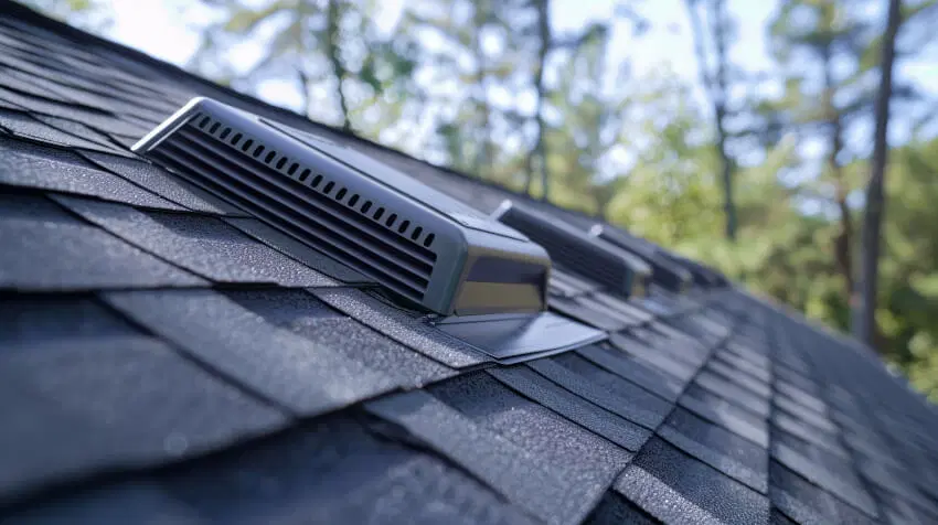 close up of asphalt shingle roof with box vents for attic ventilation